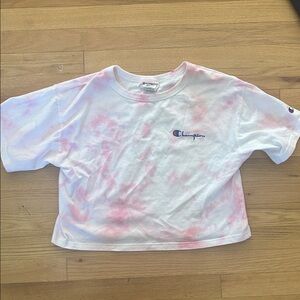 Champion Graphic Crop Top Short Baby Sleeve Tee - Pink and White